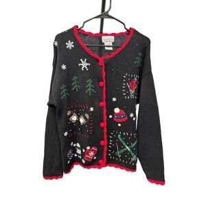 Vintage Basic Editions Holiday Sweater Black Red Trim Sz M Winter Design